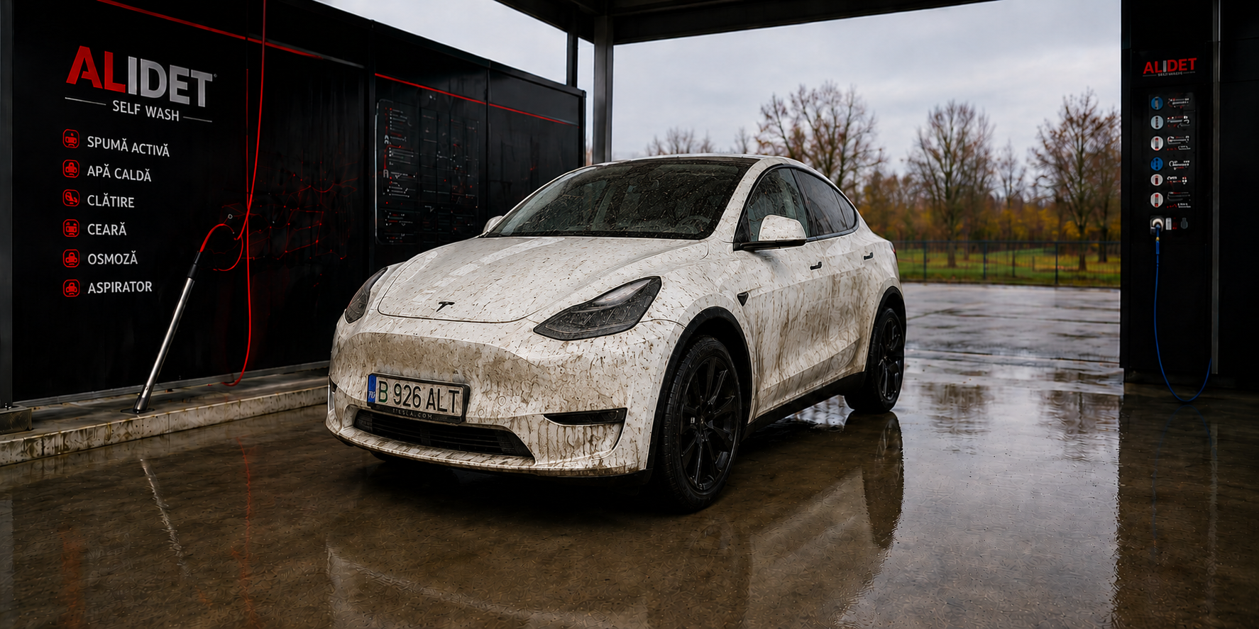 Mașină Tesla murdară înainte de spălare